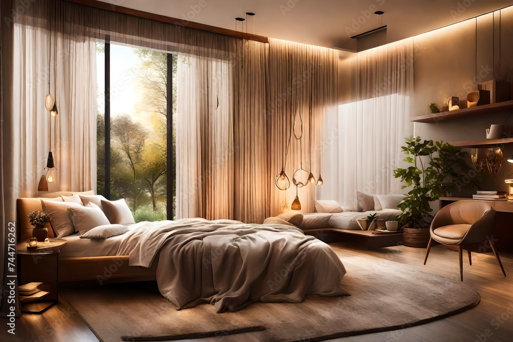 A cozy bedroom with warm earthy tones, soft lighting, and a plush bed adorned with luxurious linens and cushions. The large window showcases a view of a serene garden