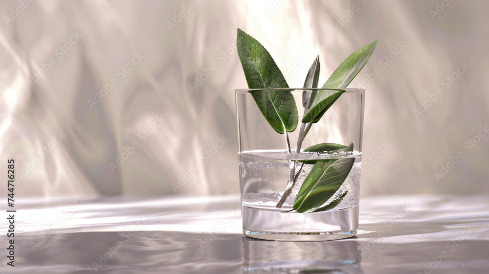 Sage leaves floating in a crystal-clear glass of water. Sage leaves floating in a crystal-clear glass of water.