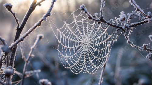 a close up of a spider web on a tree branch with frost on the branches and the sun in the background.