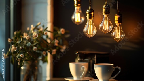 a table topped with cups and saucers next to a vase filled with flowers and a light bulb hanging from the ceiling. photo