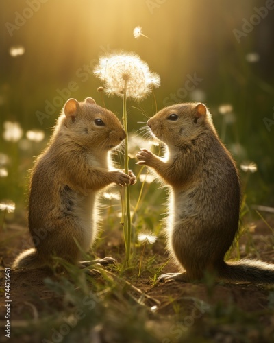 a couple of small animals standing next to each other on a field with dandelions and a dandelion.