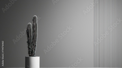 a black and white photo of a cactus in a white vase on a table with a striped wall in the background.