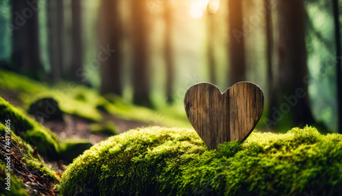 wooden heart on moss in forest cemetery, symbolizing natural burial and tranquility. Funeral background concept photo