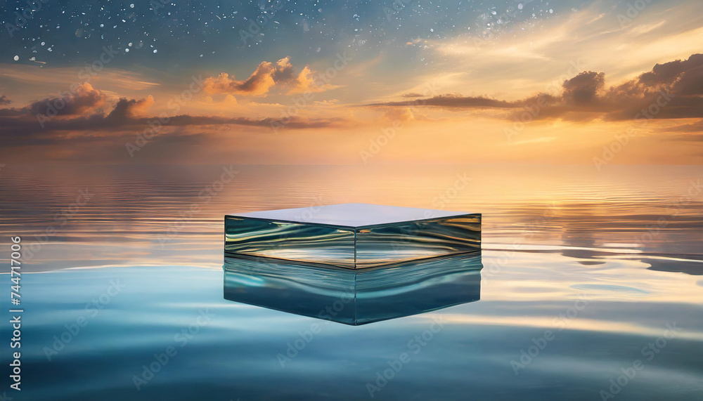 Glass podium on serene water under sunset sky, symbolizing clarity, elegance, and presentation on nature's canvas