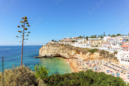 View to coastline and beautiful portuguese beach Praia de Carvoeiro near Lagoa in summer, Algarve Portugal