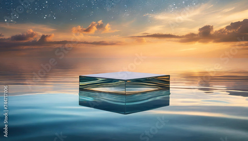 Glass podium on serene water under sunset sky  symbolizing clarity  elegance  and presentation on nature s canvas