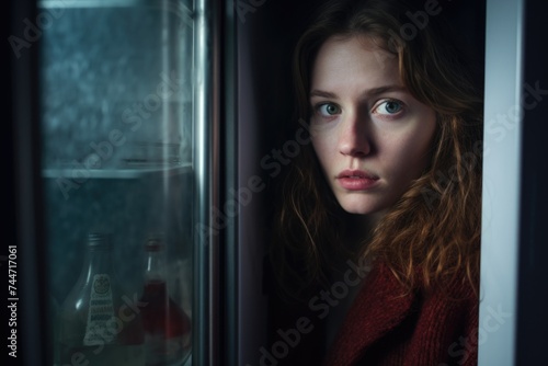 A woman standing by a window in a dimly lit room. Suitable for various interior design concepts