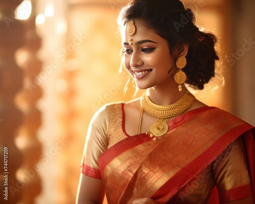 Radiant South Indian Bride in Golden Embroidered Kanchipuram Silk Saree