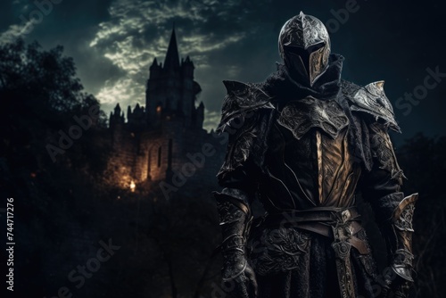 A knight standing in front of a castle at night. Suitable for historical and fantasy themes