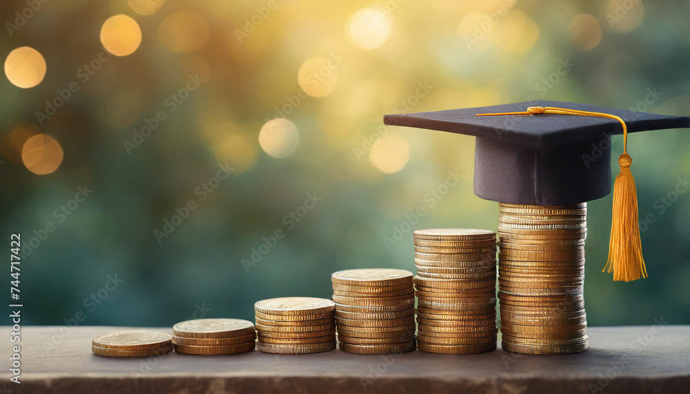 Graduation cap atop growing coins symbolizes student debt payment and financial planning - obrazy, fototapety, plakaty 