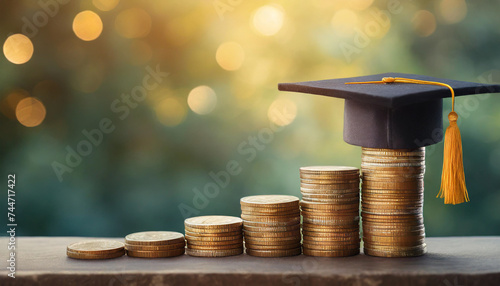 Graduation cap atop growing coins symbolizes student debt payment and financial planning photo