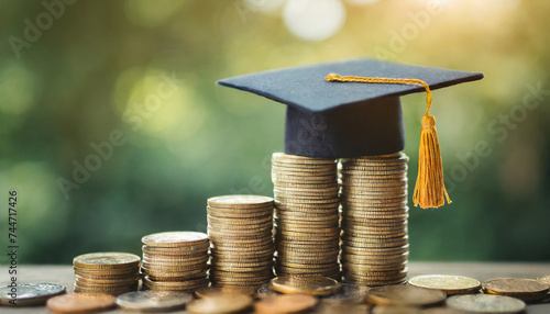 Graduation cap atop growing coins symbolizes student debt payment and financial planning