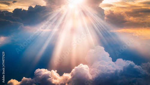 heavenly rays piercing through clouds, evoking dreamy hope and inspiration