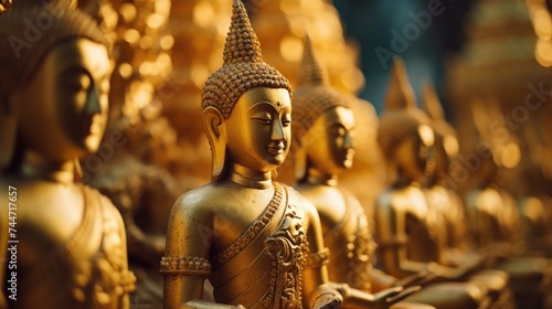 A group of golden Buddha statues lined up in a row. Suitable for religious and spiritual themes photo