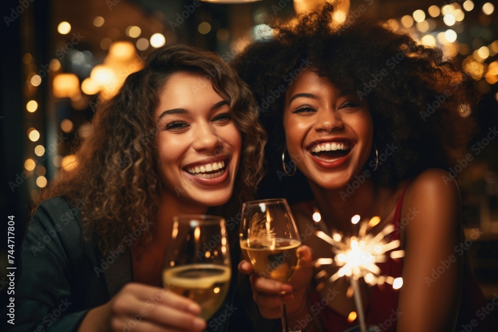 Two women holding sparklers, perfect for celebrations and parties Two women holding sparklers, perfect for celebrations and parties