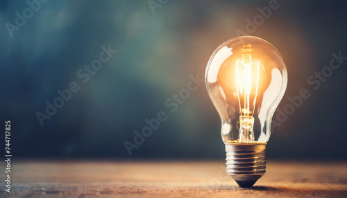 Bright light bulb glowing against clean background, with ample space for caption photo