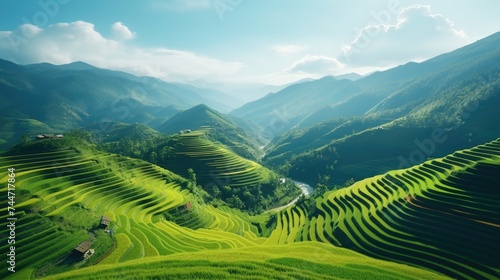 Scenic view of a green field with a river running through it. Perfect for nature and landscape concepts