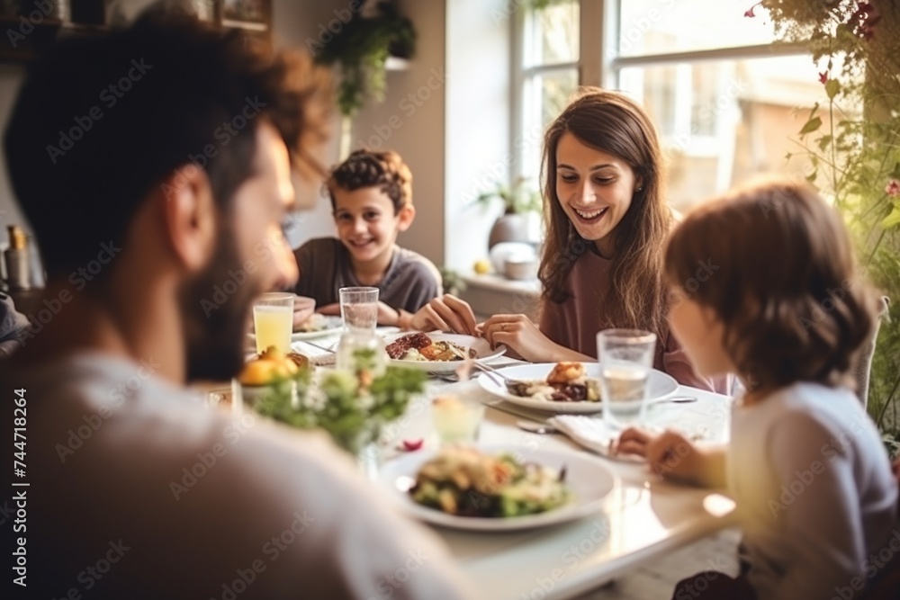 A group of people sitting at a table enjoying a meal. Suitable for restaurant or family dinner concepts