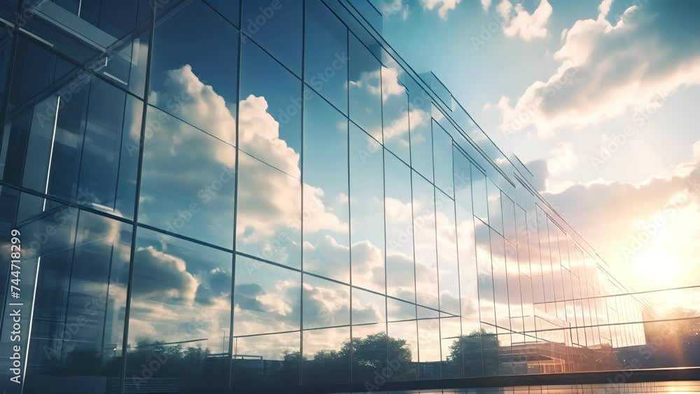 office building or business center.window buildings made of glass reflect the clouds and the sunset. empty street outside wall modernity civilization, commercial, skyscraper, architecture