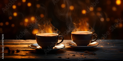  Two cups of hot coffee with cinnamon, against a background of lights, cold season, winter vibe and wellness.