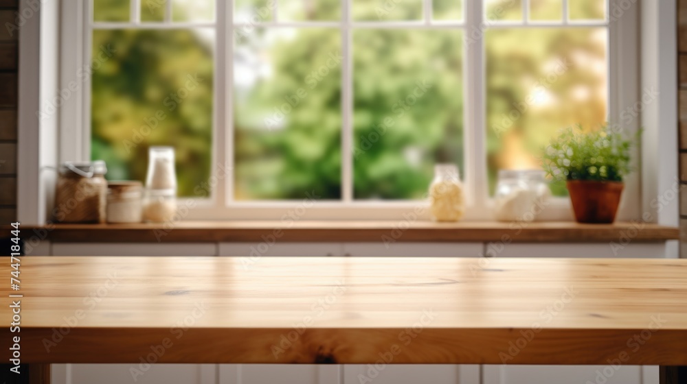 A wooden table placed in front of a window. Suitable for home decor or interior design concepts