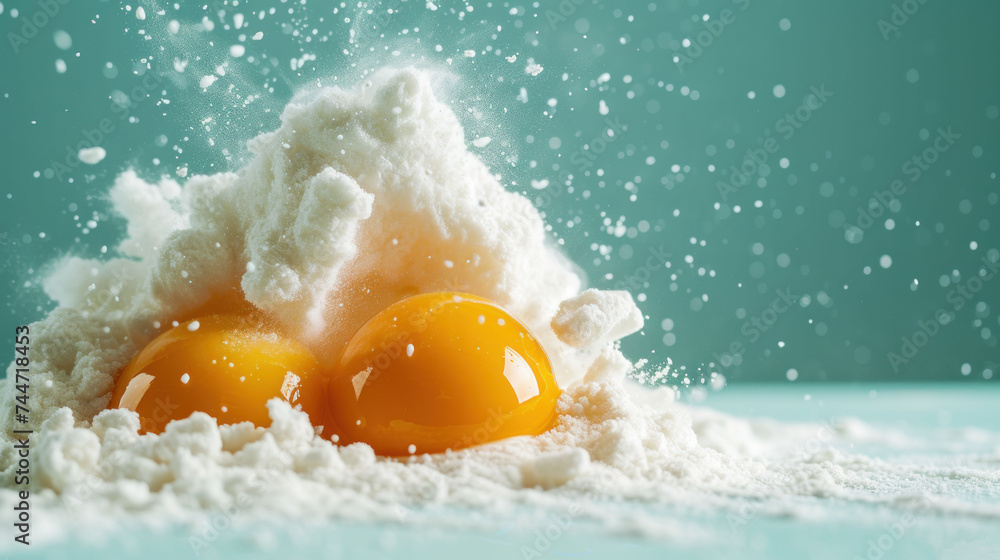 two eggs in a pile of flour on a blue surface with a splash of water on the top of them.