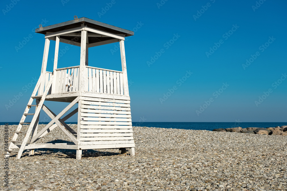 Lifeguard tower on the city beach in the morning in the resort
