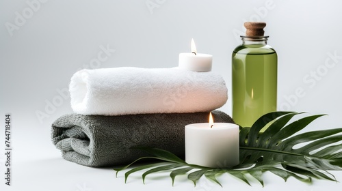 Hot Stone Massage with Candles and Fern Towel on White Background
