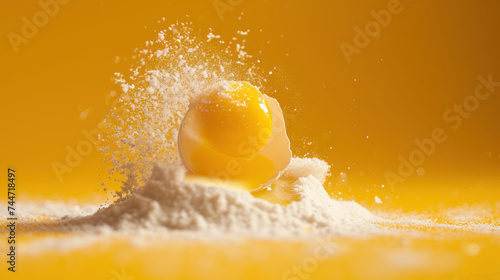 a close up of an egg in a pile of white powder on a yellow background with a splash of milk coming out of it. photo