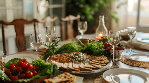 Festive table setting for Jewish Passover holiday dinner. Table served with matzah, pita bread, olive oil, cherry tomatoes, green herbs and wine glasses