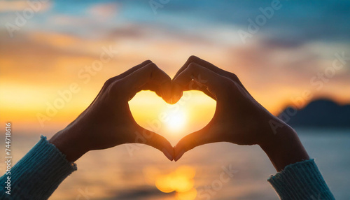 Silhouetted hands of caucasian woman forming heart shape at sunset  symbolizing love  hope  and connection