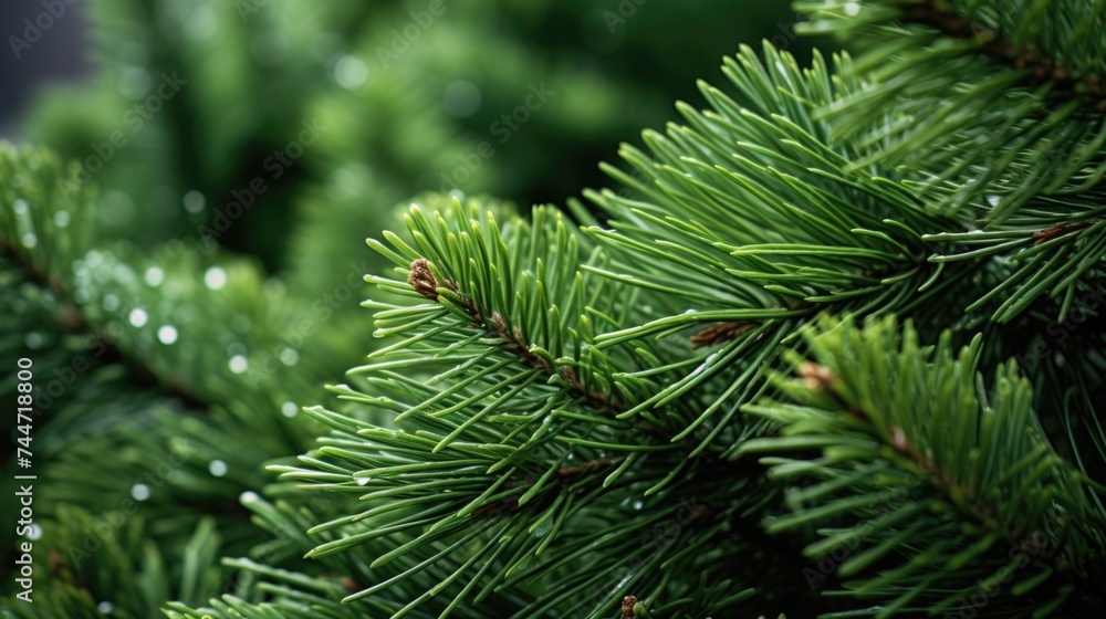 Close up of a pine tree with water droplets. Ideal for nature and environmental themes