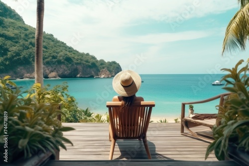 Woman relaxing on deck with ocean view, suitable for travel brochures