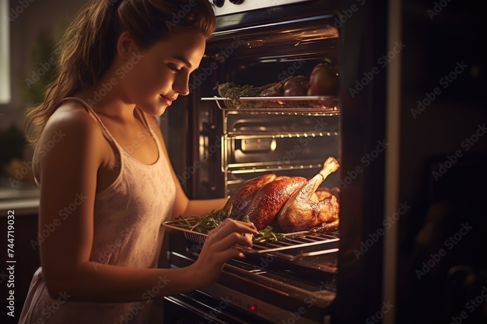 Woman preparing turkey for cooking, ideal for food and cooking related projects