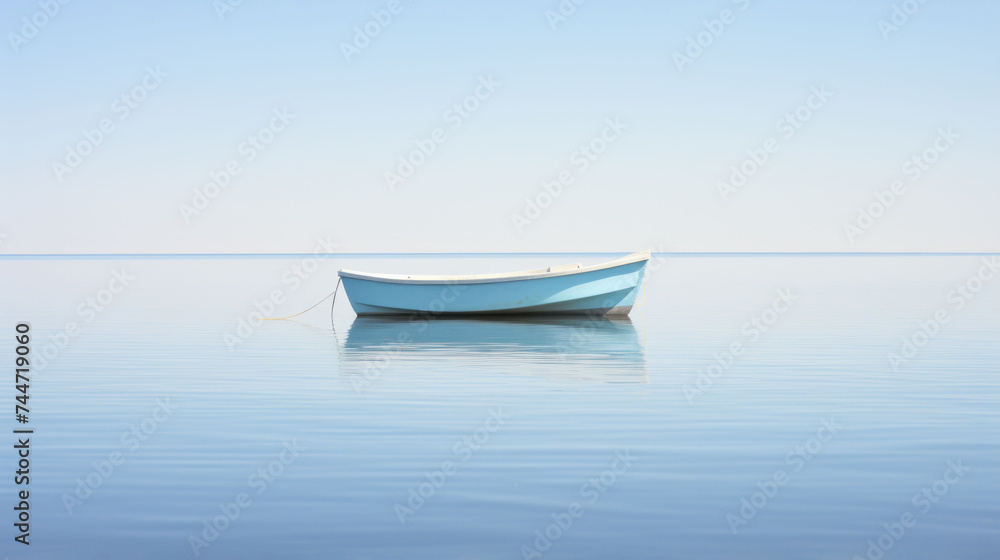 a blue boat floating on top of a large body of water next to a boat on top of a large body of water. a blue boat floating on top of a large body of water next to a boat on top of a large body of water.