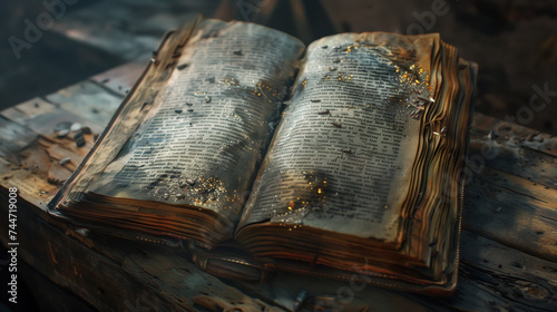 Old book on a wooden table in a dark room. Selective focus. © Archi