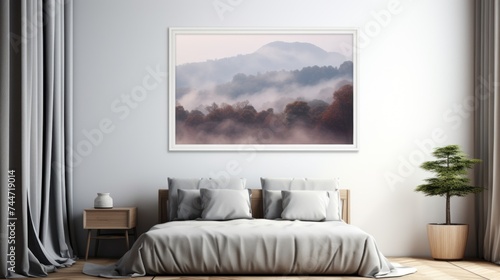 a bed in a room with a picture on the wall above it and a plant in the corner of the room. photo