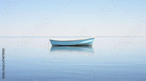 a blue boat floating on top of a large body of water next to a boat on top of a large body of water. © Olga