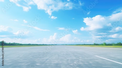 An empty runway with a blue sky in the background. Suitable for aviation and travel concepts photo