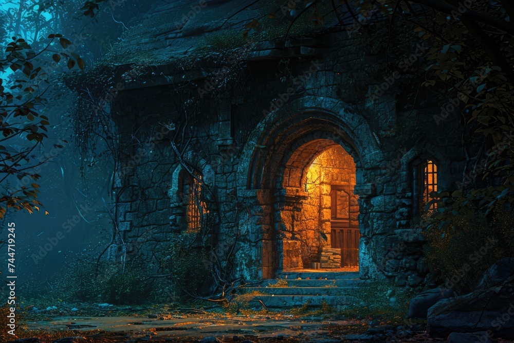 Enchanting Night in an Ancient Forest: Abandoned Stone Building at Dark Waterside