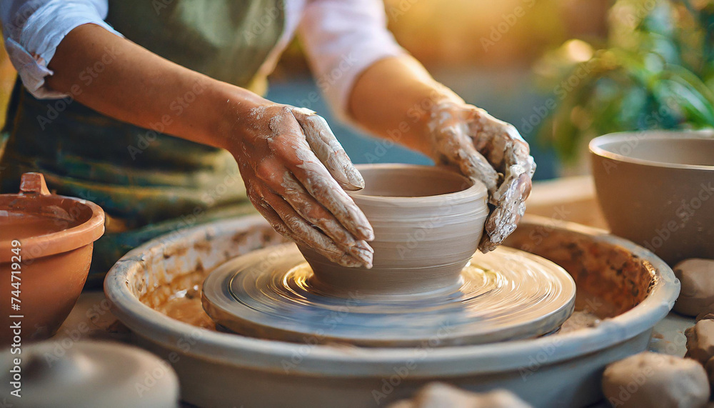 woman's hands shaping clay on pottery wheel, embodying creativity and artisanal craftsmanship woman's hands shaping clay on pottery wheel, embodying creativity and artisanal craftsmanship