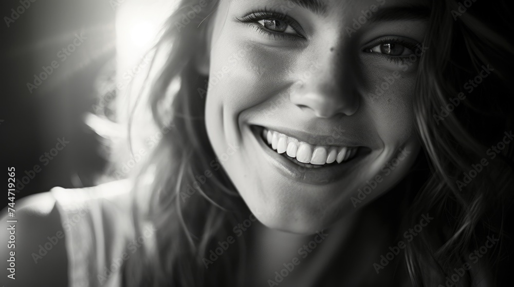 A woman with long hair smiling at the camera. Suitable for various projects A woman with long hair smiling at the camera. Suitable for various projects