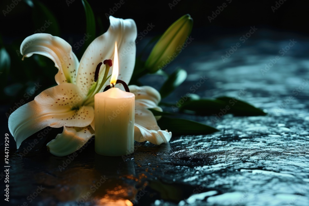 Condolence Lily and Candle: A Beautiful Tribute in Dark Background
