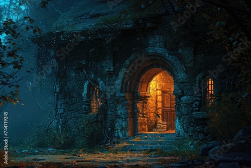Enchanting Night in an Ancient Forest: Abandoned Stone Building at Dark Waterside
