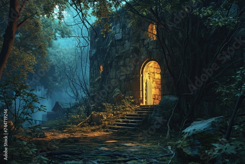 Enchanting Night  Abandoned Stone Building in a Magical Forest Clearing