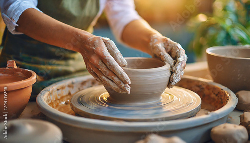 woman's hands shaping clay on pottery wheel, embodying creativity and artisanal craftsmanship