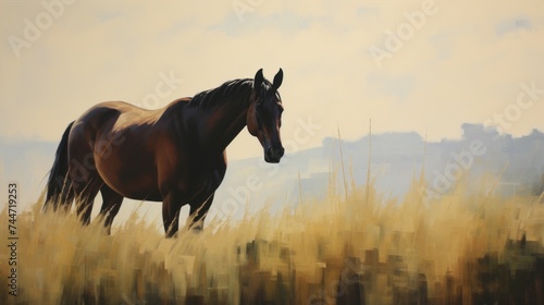 a painting of a horse standing in a field of tall grass with a mountain in the distance in the background.