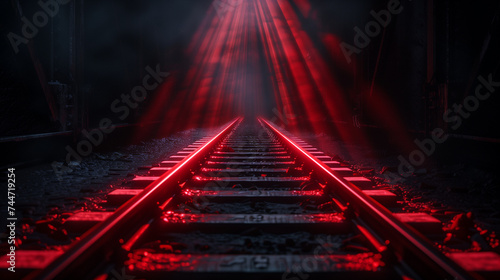 Railway track in the dark with red lights and smoke, 3D rendering © Archi