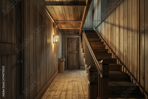 Rustic Modern: Minimalist Farmhouse Entrance Hall with Wooden Staircase and Lining Paneling Wall