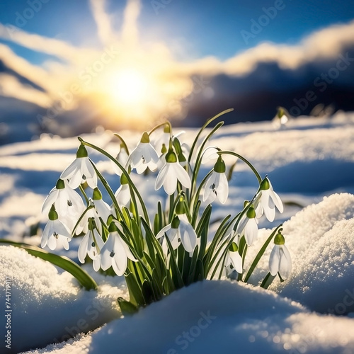 White snowdrops in the snow in a sunny meadow in spring